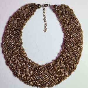 Wide Chunky Golden Bronze Glass Bead Plaited Statement Necklace